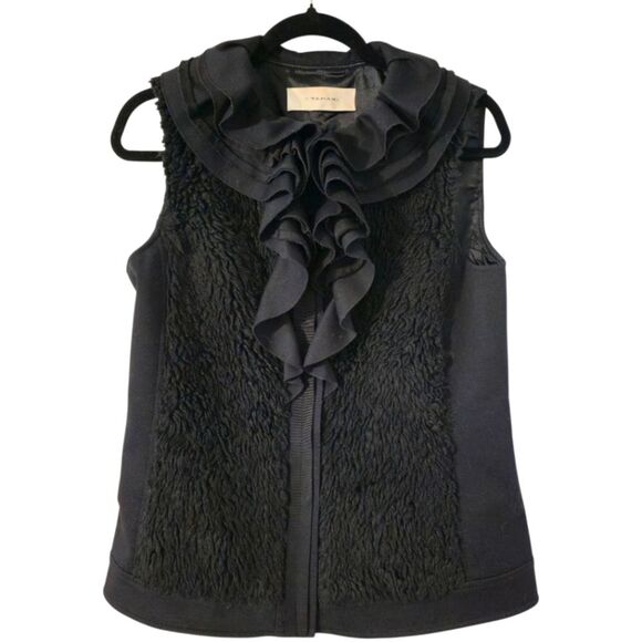 T Tahari Black Vest Women's Medium Ruffle Collar Button Up Faux Fur - Picture 1 of 7